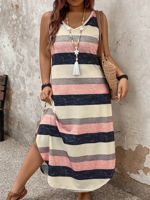 Fitted V-Neck Striped Sleeveless Dress 1pc Elegant Plus Size Striped Sleeveless V-Neck Dress, 100% Polyester Knit Fabric, Casual Alphabet Pattern, All-Season Fitted Midi Dress for Women