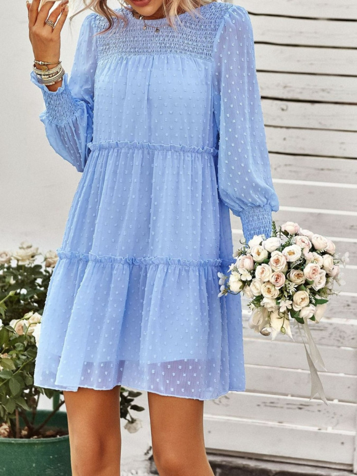 Elegant Women's Spring\u002FSummer Chiffon Smocked Jacquard Panel Dress, Sophisticated and Stylish