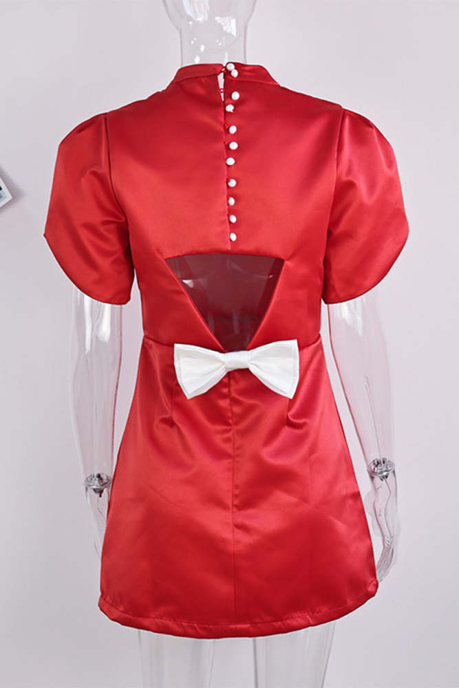 Elegant Bow Patchwork Pearls Decor Half A Turtleneck A Line Dresses(3 Colors)