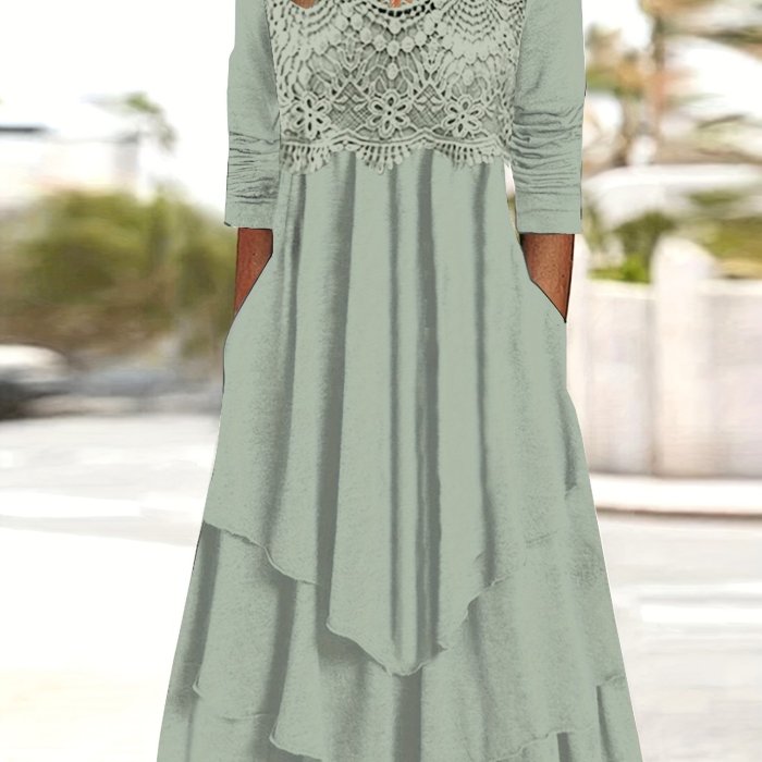 Long Sleeve Lace Midi Dress Women's Long Sleeve V-neck Lace Solid Color Midi Dress