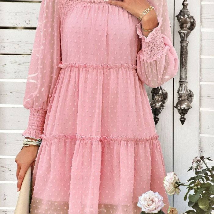 Elegant Women's Spring\u002FSummer Chiffon Smocked Jacquard Panel Dress, Sophisticated and Stylish