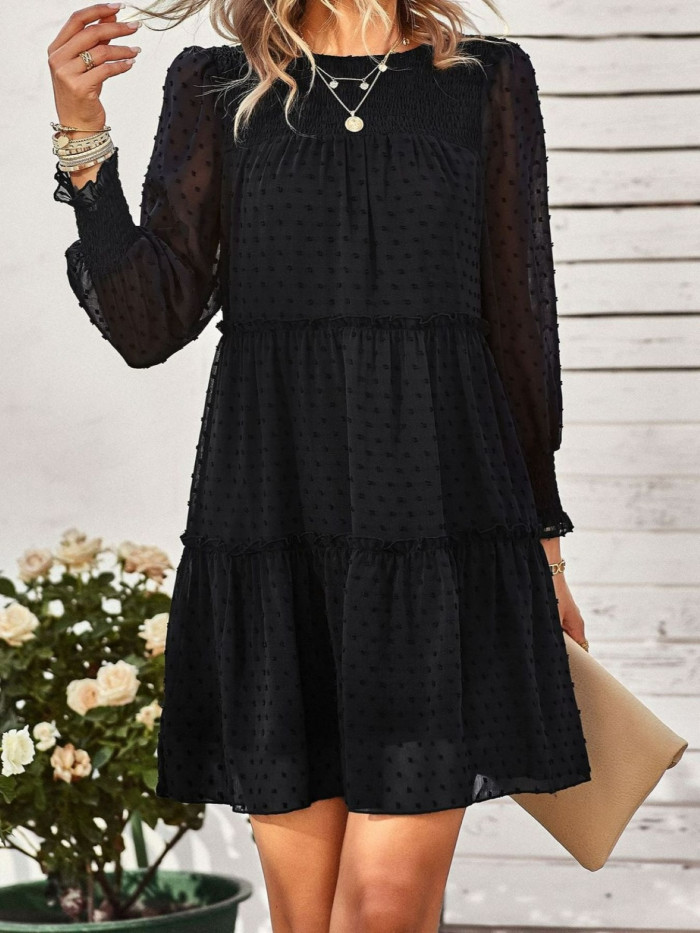 Elegant Women's Spring\u002FSummer Chiffon Smocked Jacquard Panel Dress, Sophisticated and Stylish