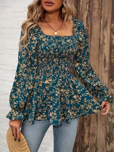Feminine Floral Print Shirt Square Collar Spliced Pleated Front Floral Print Shirt