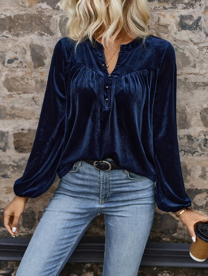 Women's Elegant Polyester T-Shirt - Notch-Neck Lantern Sleeve, Machine Washable, Solid Color with Button Detail