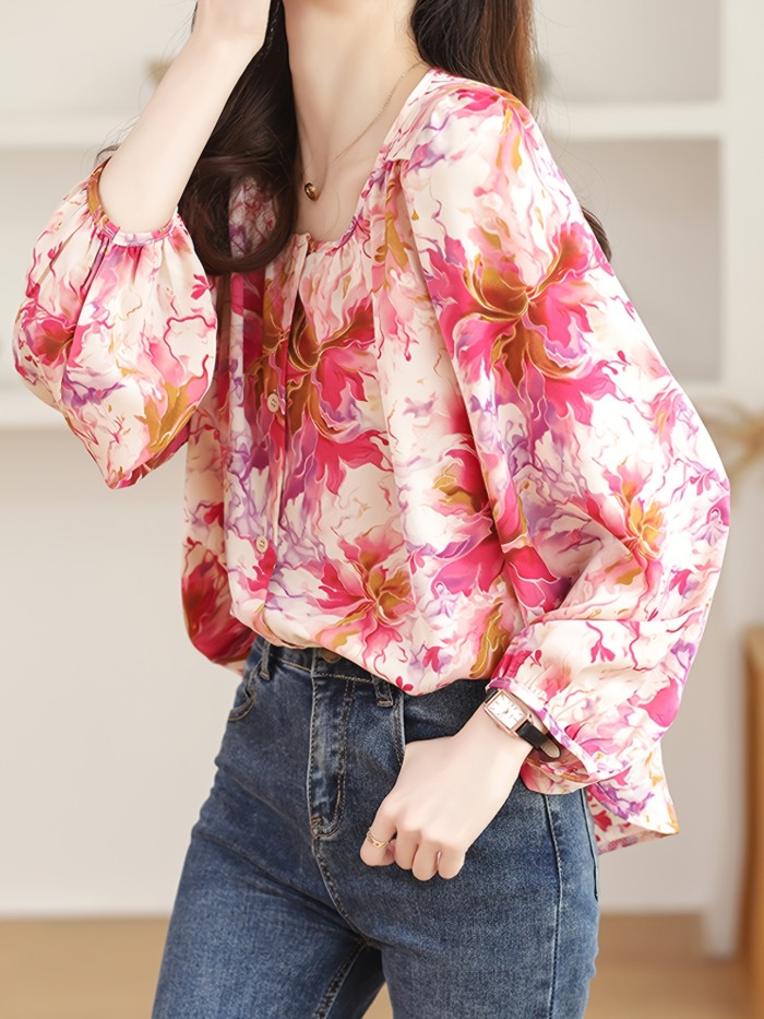 Lightweight Floral Chiffon Blouse for Women - Elegant Long-Sleeve Top with Vibrant Pink & Peach Print, Round Neck, Button Detail, Perfect for Spring & Fall Casual Outings, Autumn Outdoor Shirt | Elegant Floral Blouse | Polyester Chiffon Fabric, Floral Print Blouse