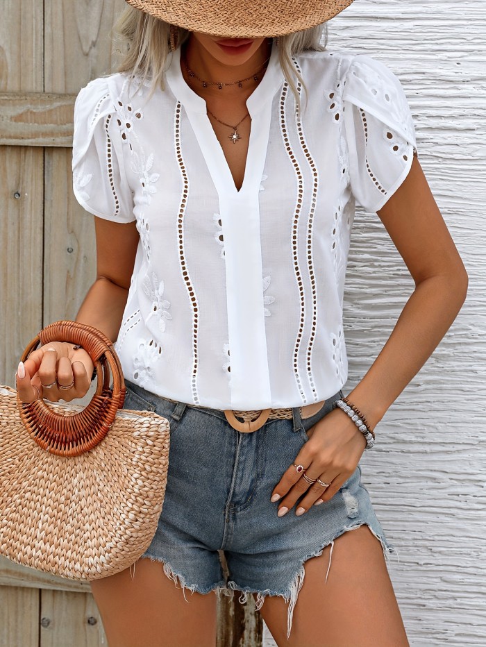 Petal Sleeve Blouse - Delicate Solid Eyelet, Fashionable Notched Neck, Romantic Petal Sleeve, Elegant Design - Perfect for Spring and Summer, Womens Clothing