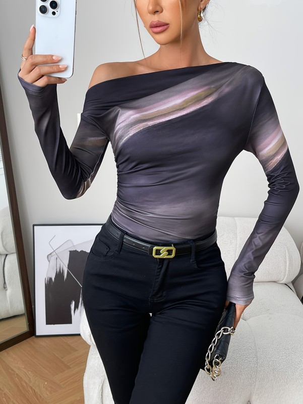 1pc Elegant Marble Gradient Off-Shoulder Long Sleeve T-Shirt, Casual Tie Dye Pattern, Polyester 95% Elastane 5%, Frill Detail, Knit Fabric, Regular Length, for Spring\u002FFall