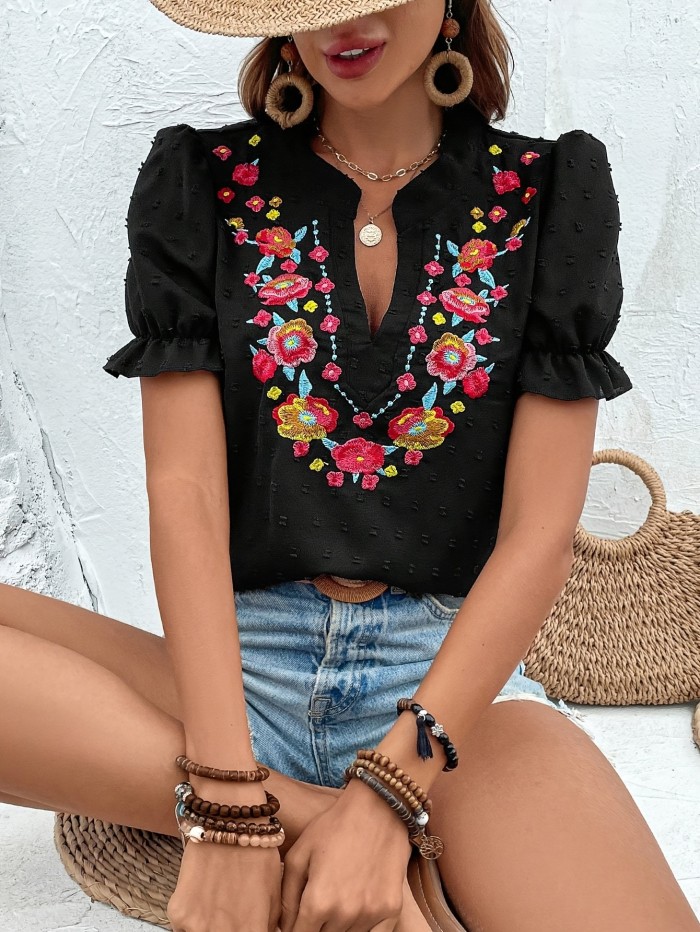 Chic Floral Embroidered 100% Polyester Blouse - Notch V-Neck, Puff Sleeves, Machine Washable, Ideal for Spring\u002FSummer\u002FFall Fashion