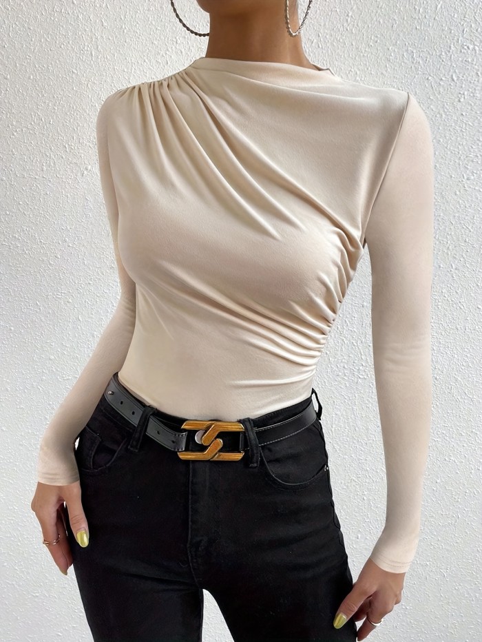 Chic Solid Color Ruched Slim-Fit T-Shirt for Women - High Neck, Stretchy Polyester Blend, Machine Washable