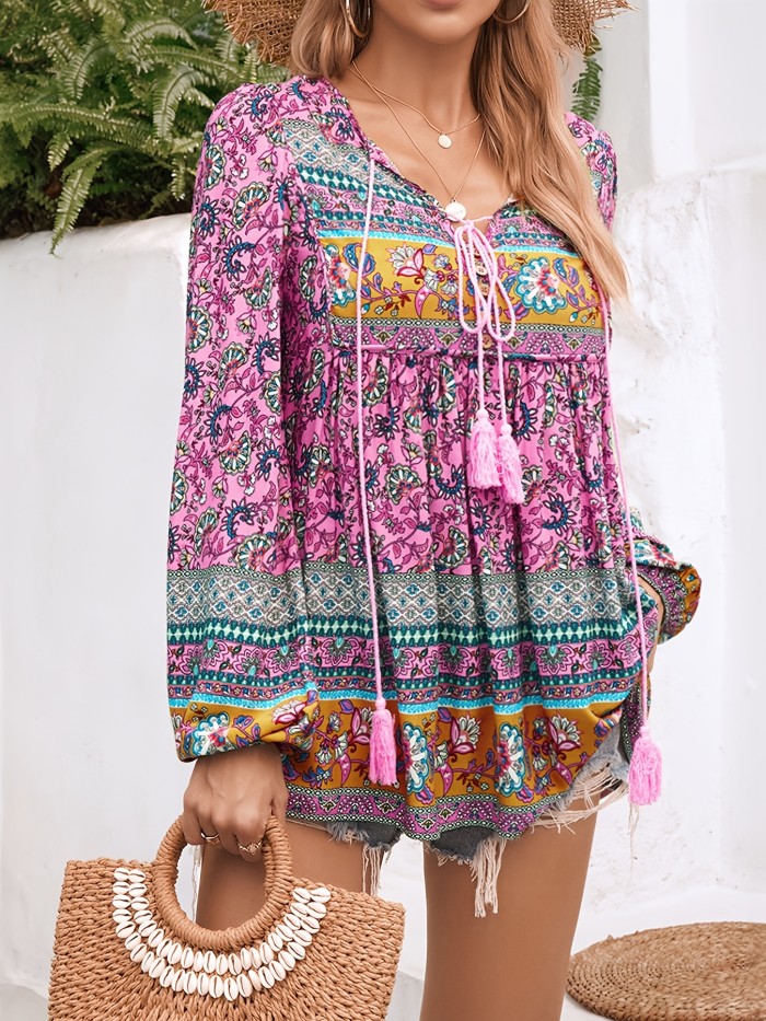 Women's Bohemian Print Shirt Top, Long Sleeve Loose Casual T-shirt - Lace-up, Pendant Tassel, Soft & Breathable for Daily Wear