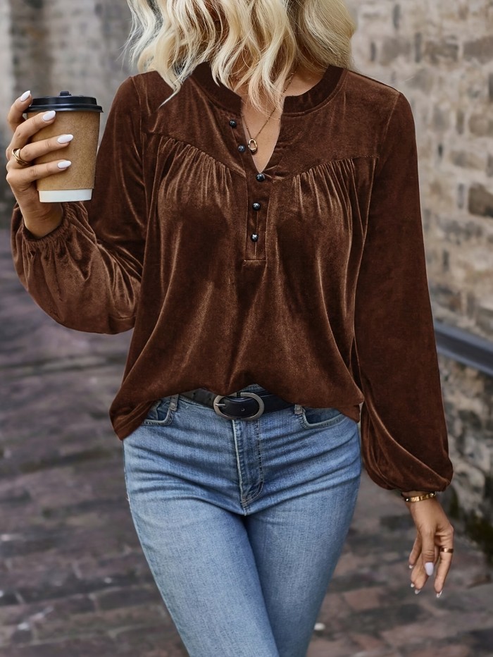 Women's Elegant Polyester T-Shirt - Notch-Neck Lantern Sleeve, Machine Washable, Solid Color with Button Detail