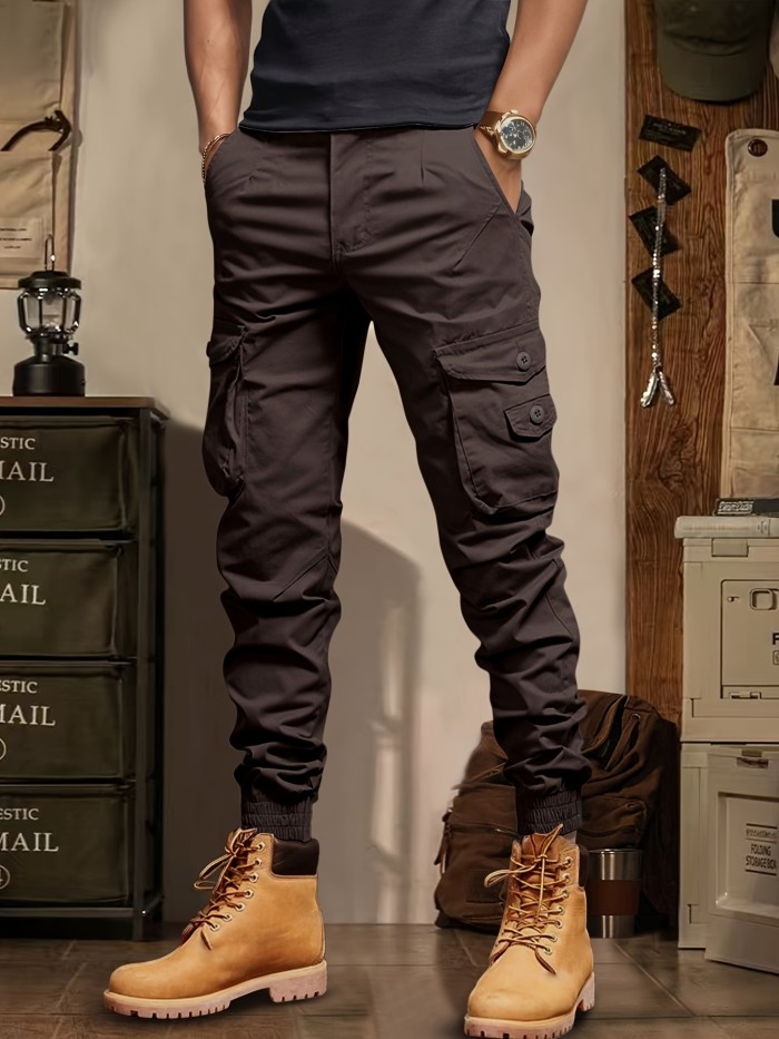 9-Inch Length Comfortable Men's Cargo Pants, Multi-Pocket Vintage Casual Work Pant, Polyester Stretch Fabric, Solid Color, All-Season, Regular Fit, Men's Fashion, Woven
