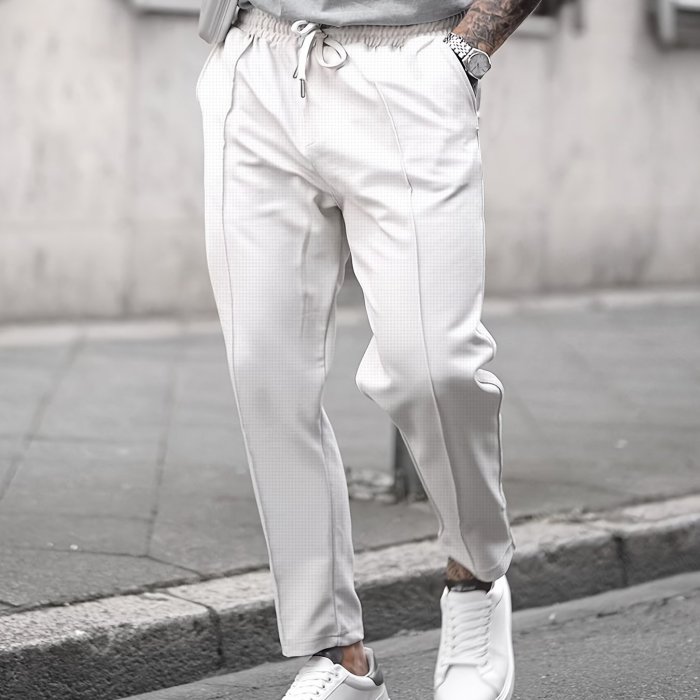 Textured Waffle Pattern Pants Slim Fit Textured Waffle Pattern Drawstring Casual Pants - Men's