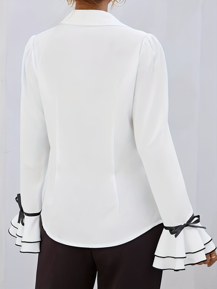 Polyester Casual Blouse Solid Color Polyester Women's Casual Blouse - Lapel Collar Long Sleeve Shirt for Spring\u002FSummer\u002FFall