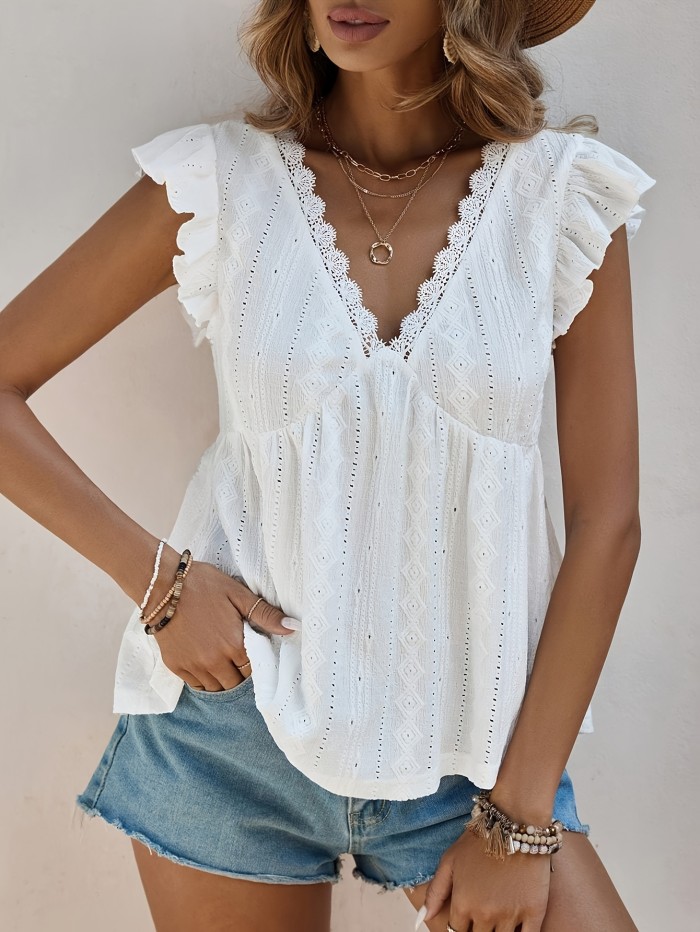 Elegant Lace Splicing V-neck Blouse, Comfortable Ruffle Trim Solid Color Spring & Summer Top for Women