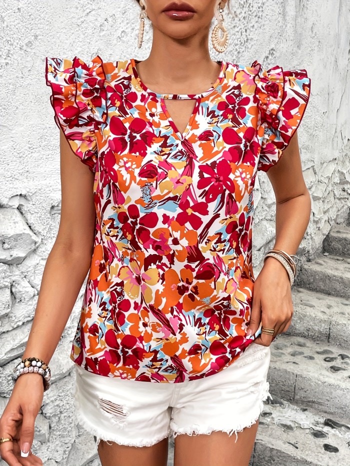 Chic Floral Print Blouse with Ruffled Sleeves - Elegant Round Neck, Keyhole Detail, Machine Washable Polyester - Vibrant Red\u002FOrange\u002FYellow Design for All Seasons