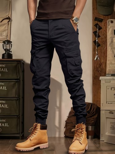 9-Inch Length Comfortable Men's Cargo Pants, Multi-Pocket Vintage Casual Work Pant, Polyester Stretch Fabric, Solid Color, All-Season, Regular Fit, Men's Fashion, Woven