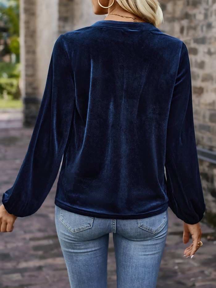 Women's Elegant Polyester T-Shirt - Notch-Neck Lantern Sleeve, Machine Washable, Solid Color with Button Detail