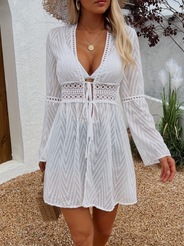 Hollow Out Tie Front Flare Top, Casual Long Sleeve Chevron Top For Spring & Summer, Women's Clothing