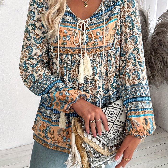 Women's Bohemian Print Shirt Top, Long Sleeve Loose Casual T-shirt - Lace-up, Pendant Tassel, Soft & Breathable for Daily Wear