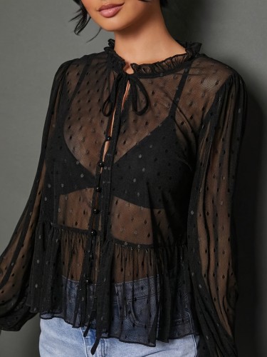 A Semi-Sheer Cardigan Top with a Lace-Trimmed Neckline, Featuring Mesh Panels And Polka Dot Prints, Adorned with a Bow Tie.