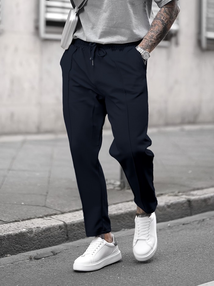 Textured Waffle Pattern Pants Slim Fit Textured Waffle Pattern Drawstring Casual Pants - Men's
