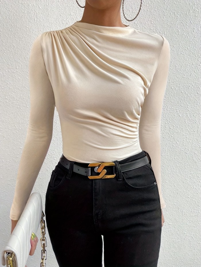 Chic Solid Color Ruched Slim-Fit T-Shirt for Women - High Neck, Stretchy Polyester Blend, Machine Washable