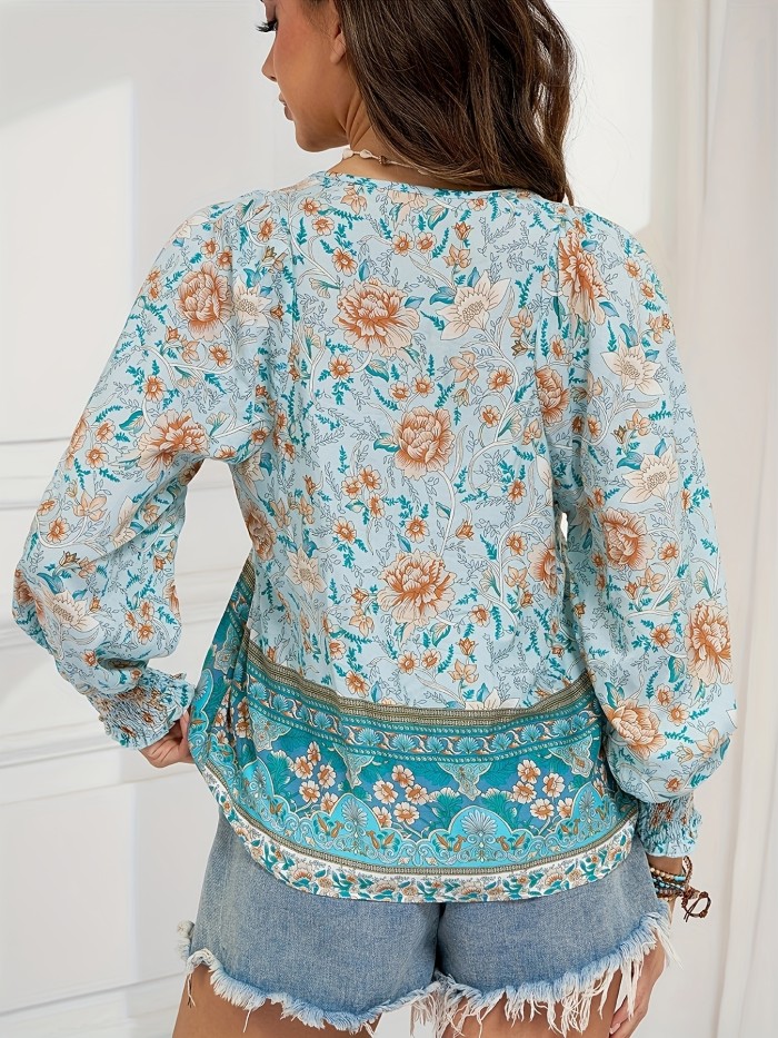 Floral Printed Tie Shirt - Casual Long Sleeved Shirt for Spring and Autumn, Women's Clothing with Vibrant Floral Pattern and Comfortable Design
