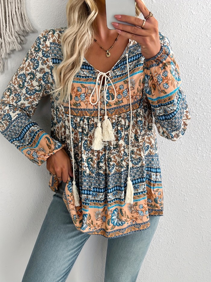 Women's Bohemian Print Shirt Top, Long Sleeve Loose Casual T-shirt - Lace-up, Pendant Tassel, Soft & Breathable for Daily Wear
