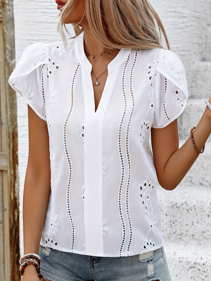 Petal Sleeve Blouse - Delicate Solid Eyelet, Fashionable Notched Neck, Romantic Petal Sleeve, Elegant Design - Perfect for Spring and Summer, Womens Clothing