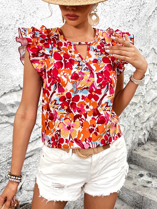 Chic Floral Print Blouse with Ruffled Sleeves - Elegant Round Neck, Keyhole Detail, Machine Washable Polyester - Vibrant Red\u002FOrange\u002FYellow Design for All Seasons