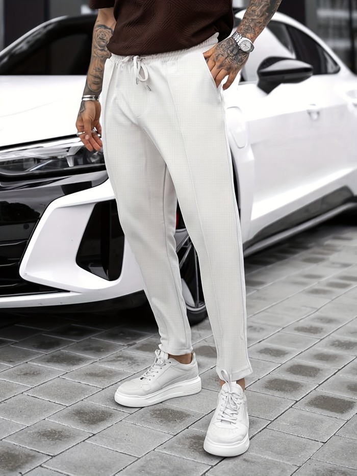 Textured Waffle Pattern Pants Slim Fit Textured Waffle Pattern Drawstring Casual Pants - Men's