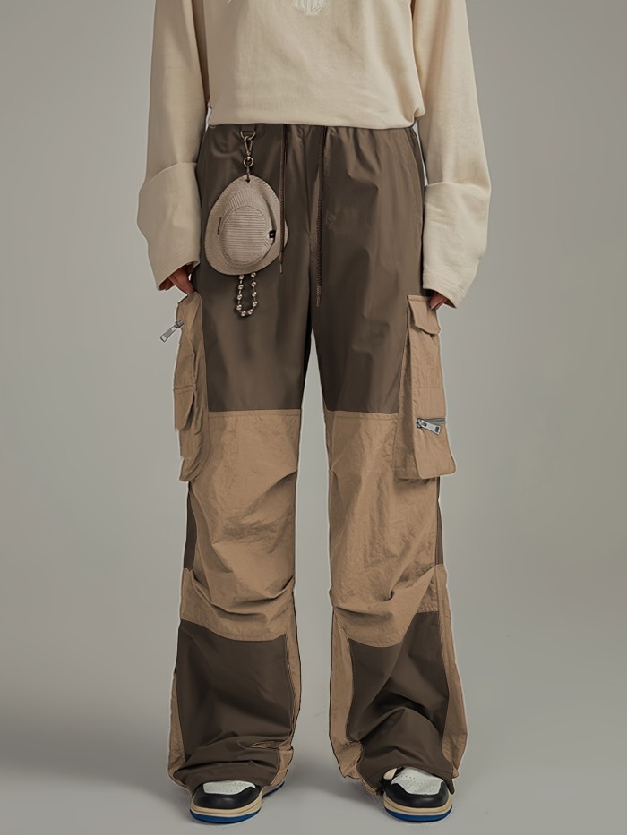 Trendy Commuter Pants Two-Tone Cargo Pants - Comfortable Polyester Blend with Multiple Zippered Pockets - Ideal for Outdoor Activities and Casual Wear
