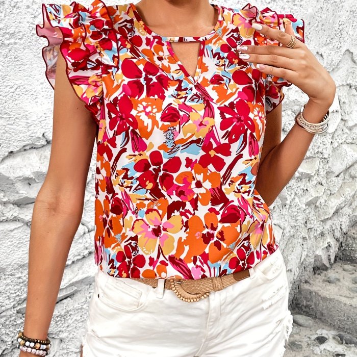 Chic Floral Print Blouse with Ruffled Sleeves - Elegant Round Neck, Keyhole Detail, Machine Washable Polyester - Vibrant Red\u002FOrange\u002FYellow Design for All Seasons