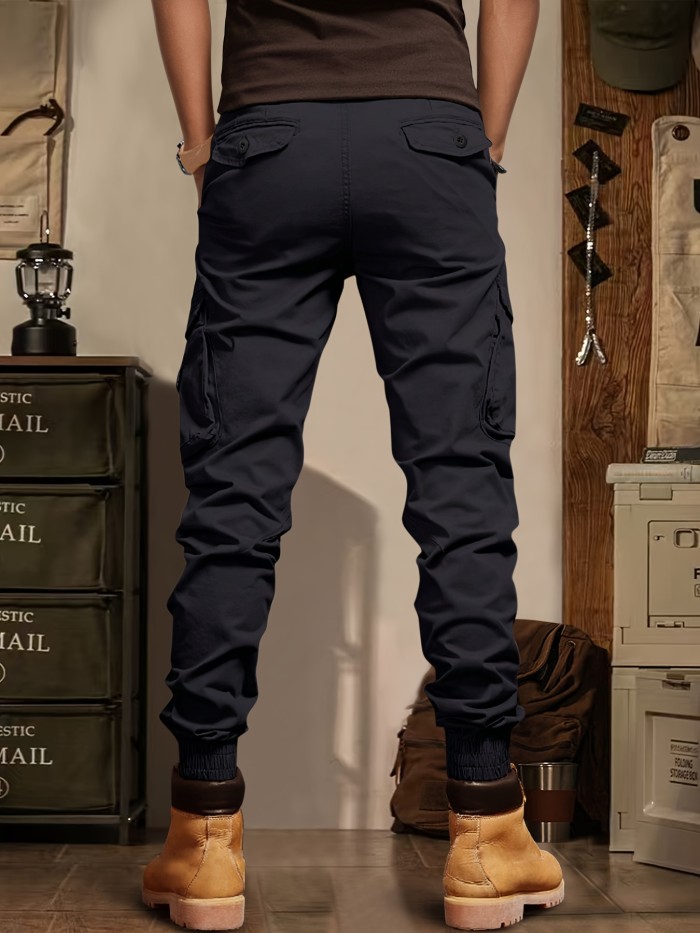 9-Inch Length Comfortable Men's Cargo Pants, Multi-Pocket Vintage Casual Work Pant, Polyester Stretch Fabric, Solid Color, All-Season, Regular Fit, Men's Fashion, Woven
