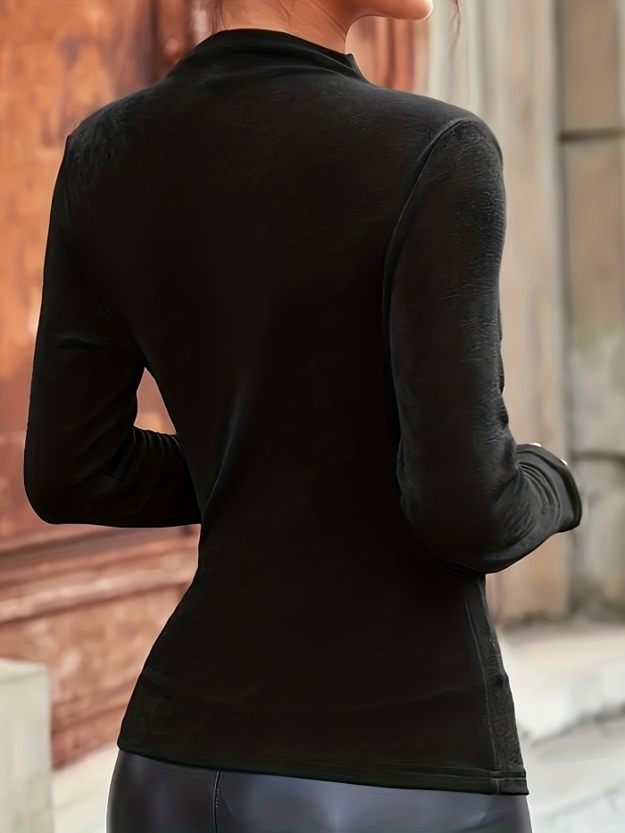 Long Sleeve Slim Fit Chic Fall\u002FWinter Top - Ruched Mock Neck, Solid Color, Stretchy Polyester Blend, Machine Washable