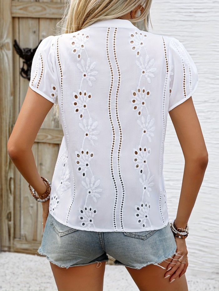 Petal Sleeve Blouse - Delicate Solid Eyelet, Fashionable Notched Neck, Romantic Petal Sleeve, Elegant Design - Perfect for Spring and Summer, Womens Clothing