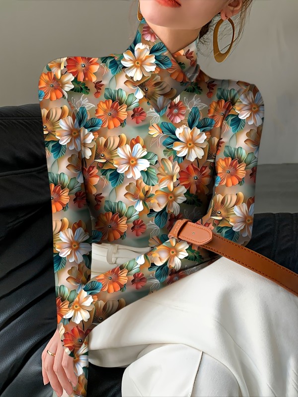 1pc Floral Print High Neck Tee 1pc Women'S Floral Print High Neck Long Sleeve T-Shirt, Sexy Knit Polyester Top for Fall\u002FWinter, Regular Length