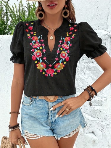 Chic Floral Embroidered 100% Polyester Blouse - Notch V-Neck, Puff Sleeves, Machine Washable, Ideal for Spring\u002FSummer\u002FFall Fashion