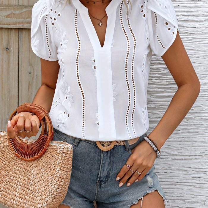Petal Sleeve Blouse - Delicate Solid Eyelet, Fashionable Notched Neck, Romantic Petal Sleeve, Elegant Design - Perfect for Spring and Summer, Womens Clothing