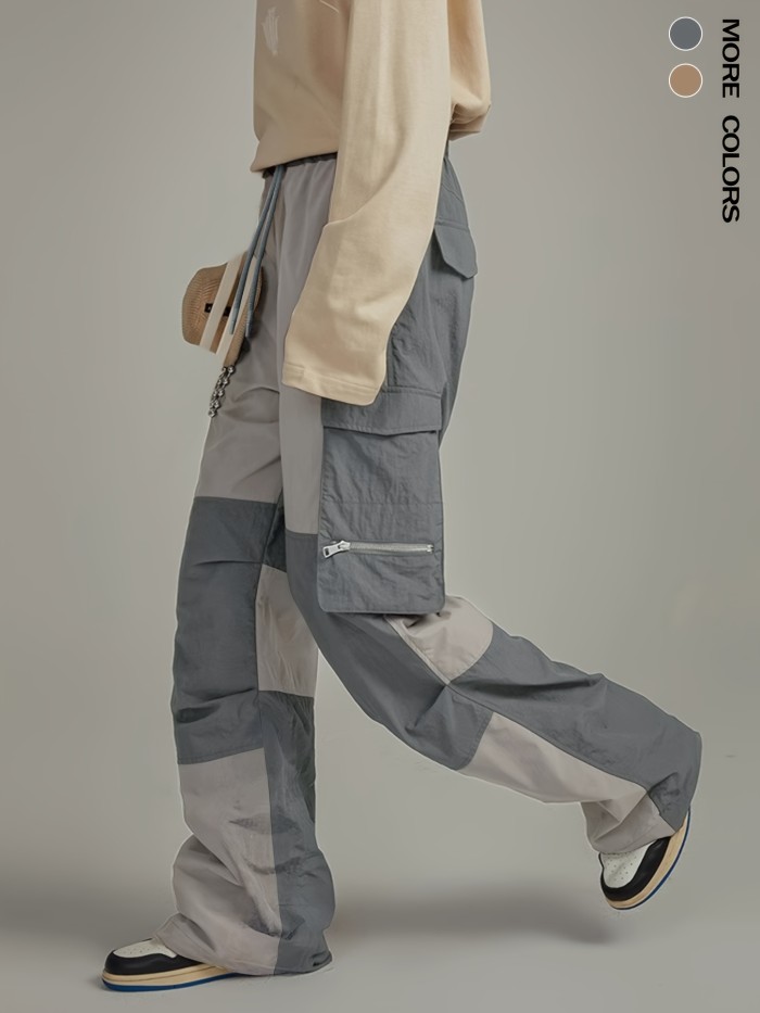 Trendy Commuter Pants Two-Tone Cargo Pants - Comfortable Polyester Blend with Multiple Zippered Pockets - Ideal for Outdoor Activities and Casual Wear