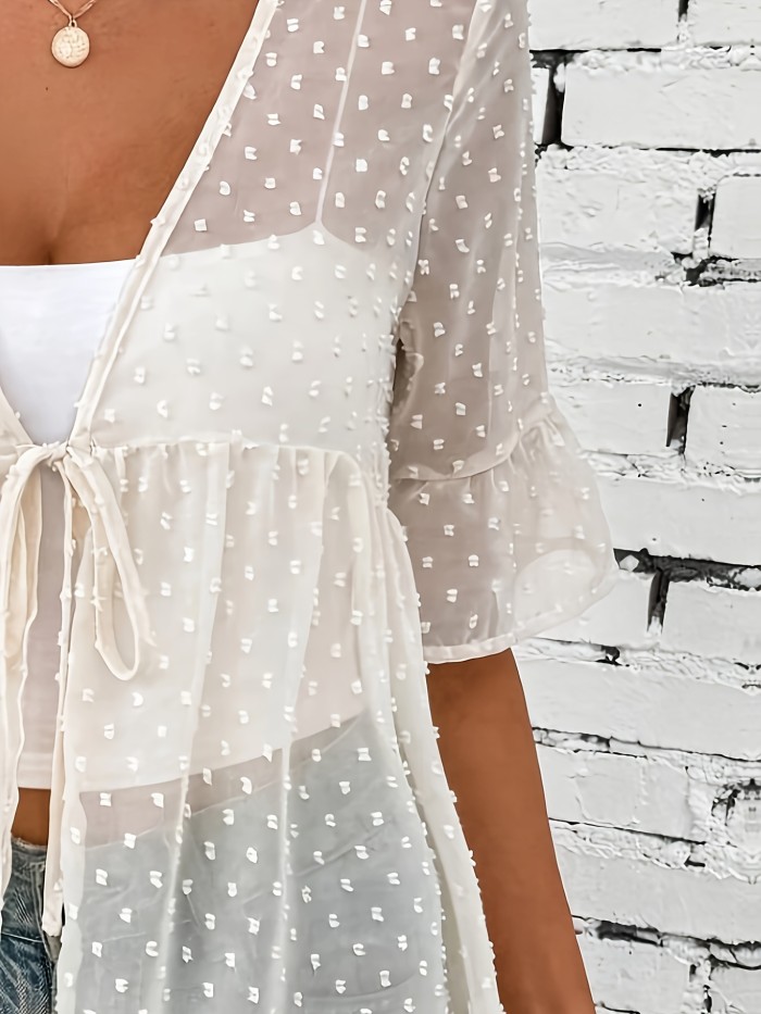 Summer Women's Polka Dot Mesh Bell Sleeve Loose Top with Front Pleat Tie Spring\u002FSummer Vacation Style