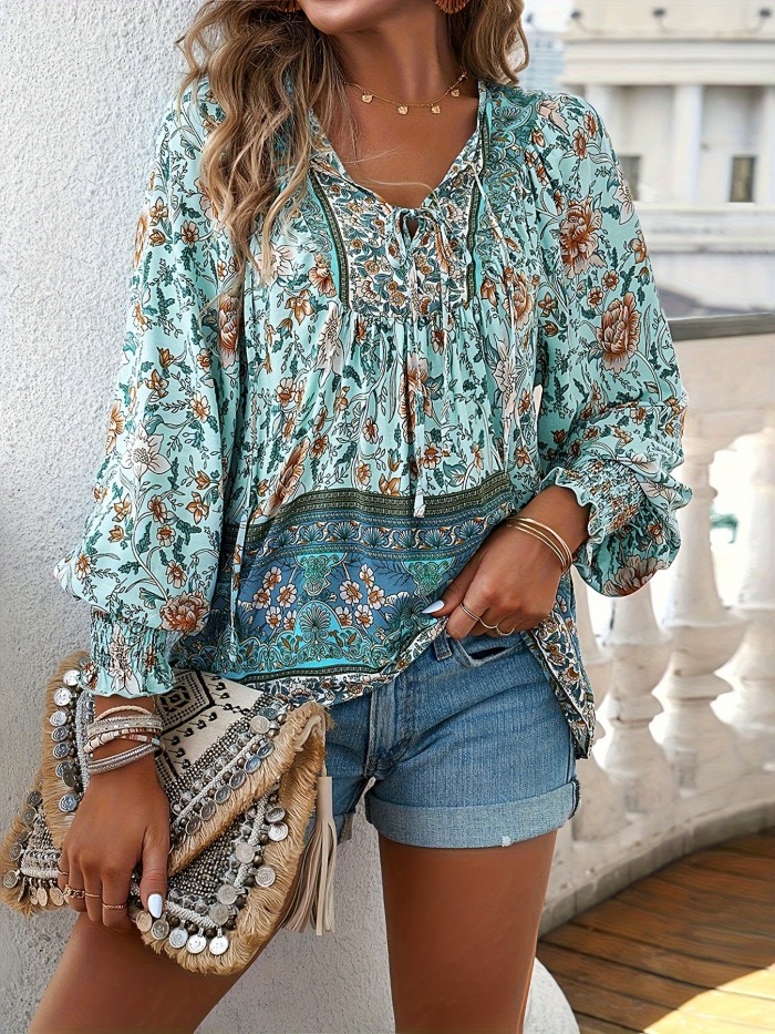 Floral Printed Tie Shirt - Casual Long Sleeved Shirt for Spring and Autumn, Women's Clothing with Vibrant Floral Pattern and Comfortable Design