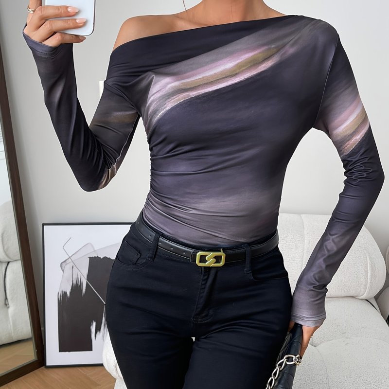 1pc Elegant Marble Gradient Off-Shoulder Long Sleeve T-Shirt, Casual Tie Dye Pattern, Polyester 95% Elastane 5%, Frill Detail, Knit Fabric, Regular Length, for Spring\u002FFall