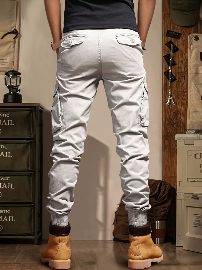 9-Inch Length Comfortable Men's Cargo Pants, Multi-Pocket Vintage Casual Work Pant, Polyester Stretch Fabric, Solid Color, All-Season, Regular Fit, Men's Fashion, Woven