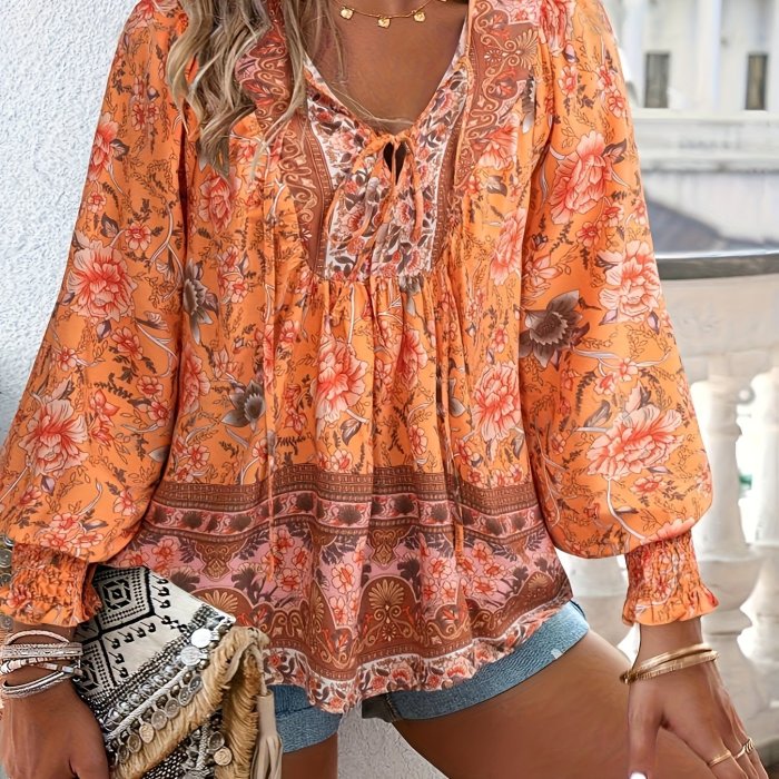 Floral Printed Tie Shirt - Casual Long Sleeved Shirt for Spring and Autumn, Women's Clothing with Vibrant Floral Pattern and Comfortable Design