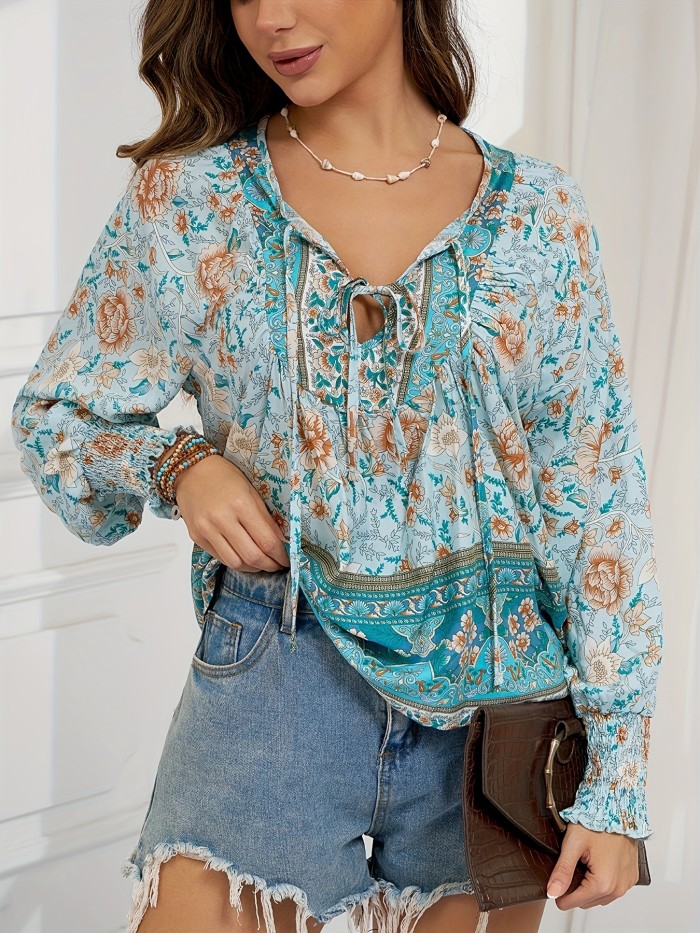 Floral Printed Tie Shirt - Casual Long Sleeved Shirt for Spring and Autumn, Women's Clothing with Vibrant Floral Pattern and Comfortable Design