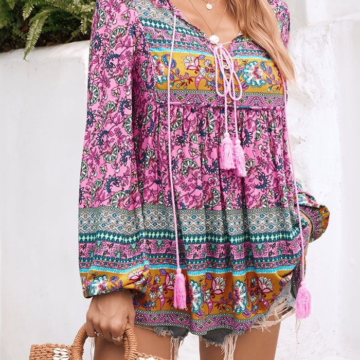 Women's Bohemian Print Shirt Top, Long Sleeve Loose Casual T-shirt - Lace-up, Pendant Tassel, Soft & Breathable for Daily Wear