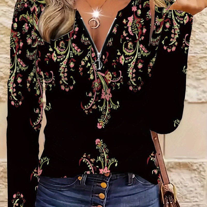 1pc Elegant Floral Pattern Long Sleeve V-Neck Zipper T-Shirt for Women, Polyester Knit Fabric, 3D Digital Full Body Print, Regular Length, Fall\u002FWinter Fashion Top