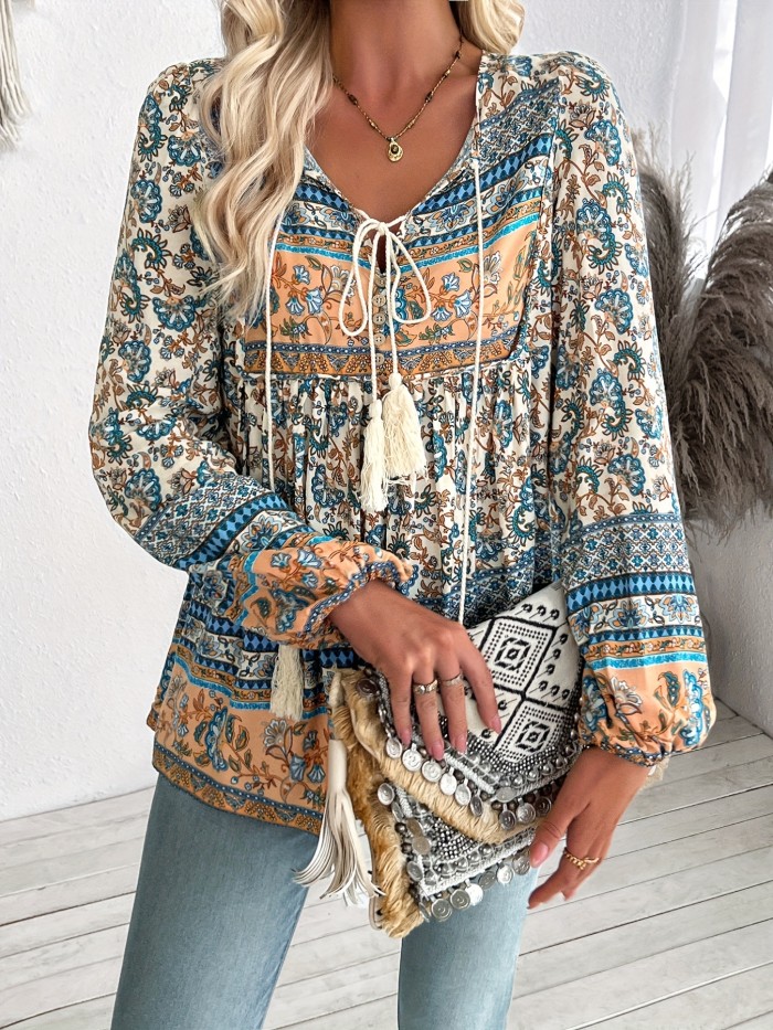 Women's Bohemian Print Shirt Top, Long Sleeve Loose Casual T-shirt - Lace-up, Pendant Tassel, Soft & Breathable for Daily Wear